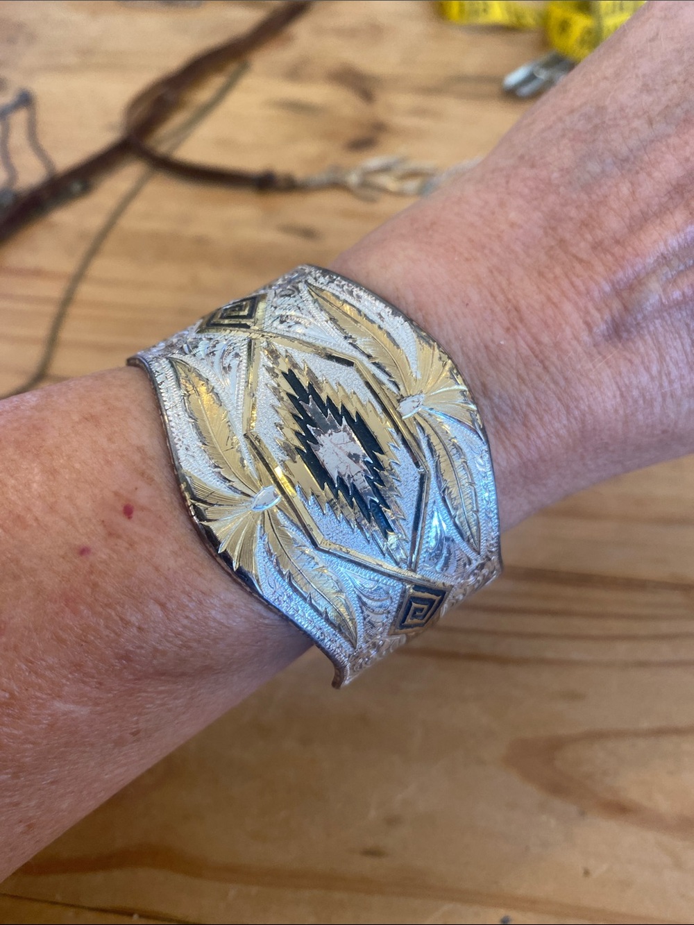 Engraved Western-Style Silver & Gold Cuff Bracelet